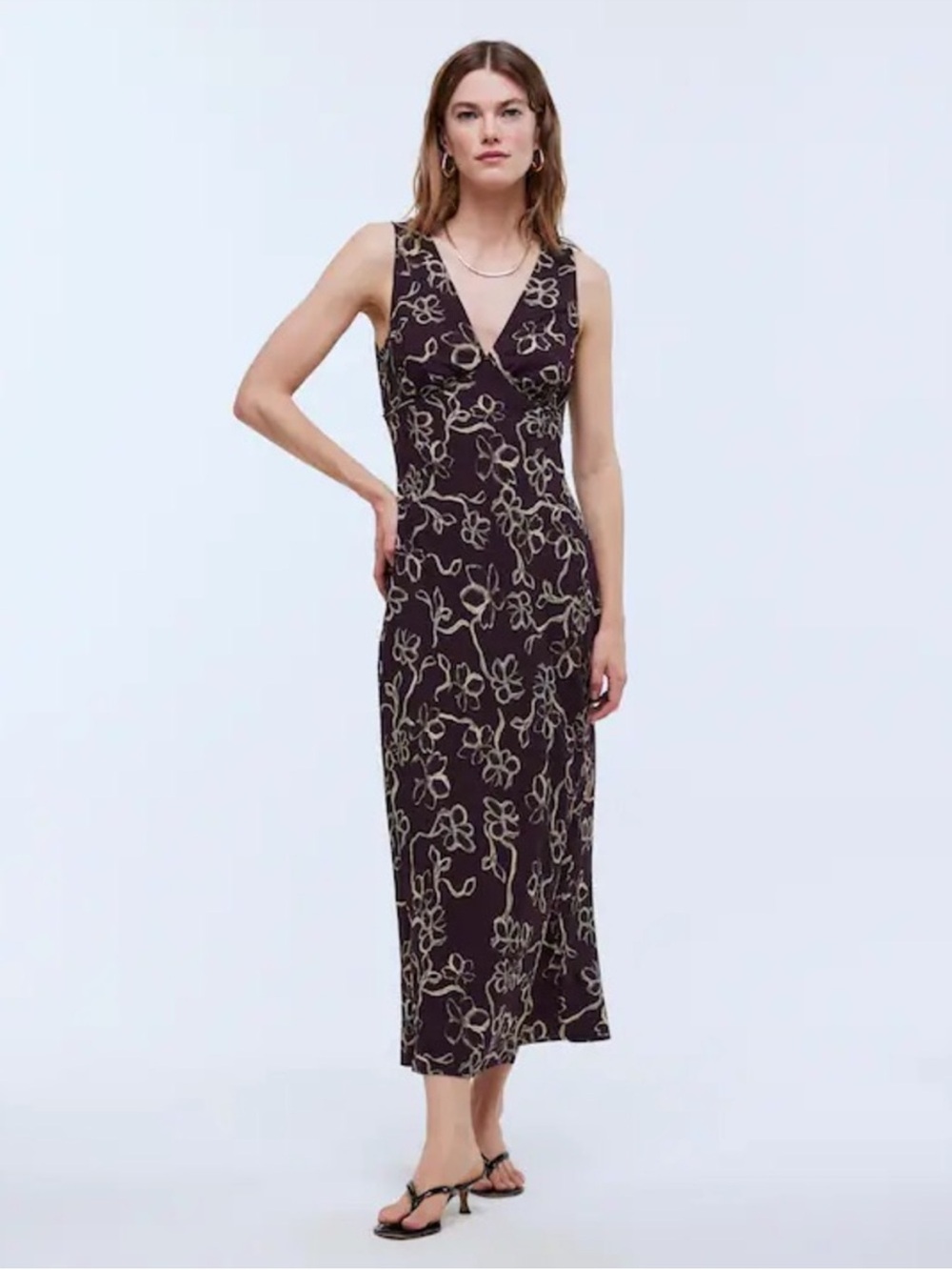 Madewell Black Floral V-Neck Midi Dress with Tan Outline